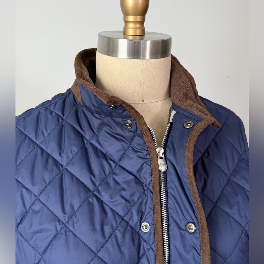 Peter Millar Vest Classic Essex Quilted Traveler Navy Blue and Brown Trim Men’s - Picture 8 of 16